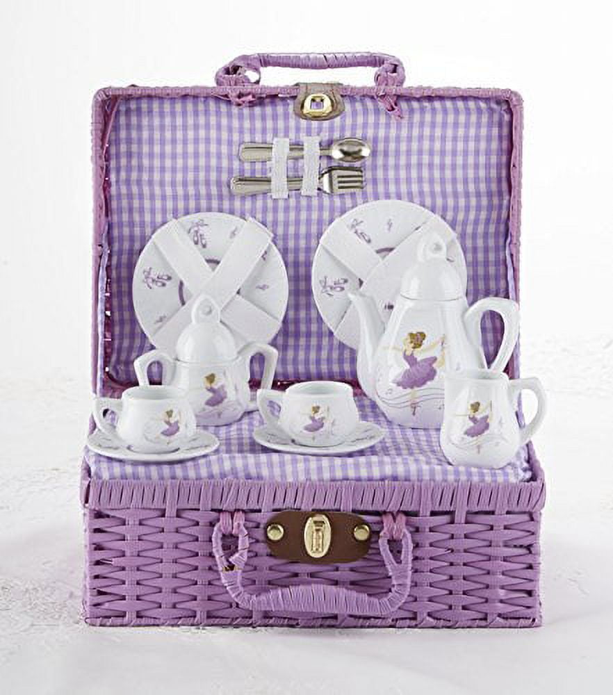Delton Porcelain Tea Set in Basket, Purple Dancer
