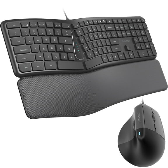 Delton S38 Ergonomic Wired Keyboard and Mouse, Split Keyboard With Cushioned Wrist Rest and Vertical Mouse, Compatible With Laptop, PC, Mac, Black