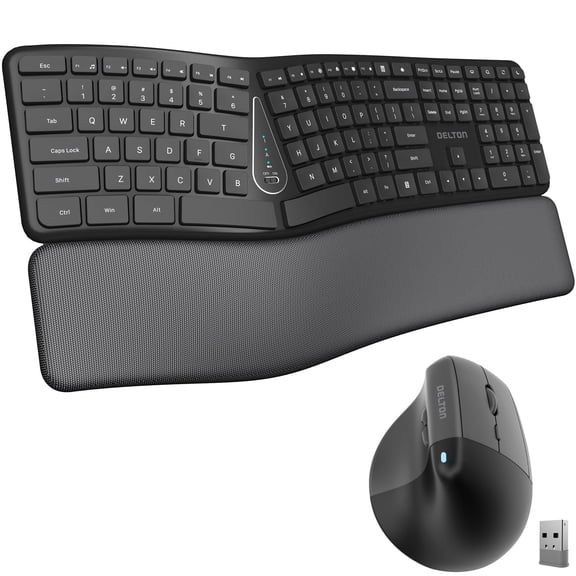 Delton S38 Ergonomic Wireless Keyboard and Mouse, Split Keyboard with Cushioned Wrist Rest and Optical Mouse, Compatible with Laptop, PC, Mac, and iOS, Black
