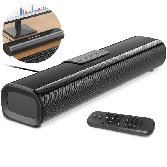 Delton SB380 Stereo Sound Bar, 50W Computer Speakers, Wired/Wireless Soundbar with Remote Control, Up to 30 ft Wireless Range Compatibility with macOS, Linux, and ChromeOS - Black
