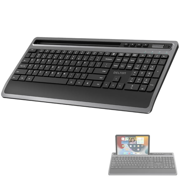 Delton T42 Ergonomic Wireless Keyboard with Phone/Tablet Holder, 2.4G Wireless Connection, Cordless Keyboard for Computer, Laptop, PC, Windows, MacOS and iOS - Black