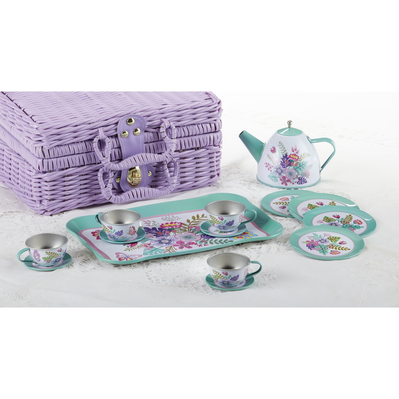 Delton Tin 15Peice Tea Set in Basket, Fern, Green