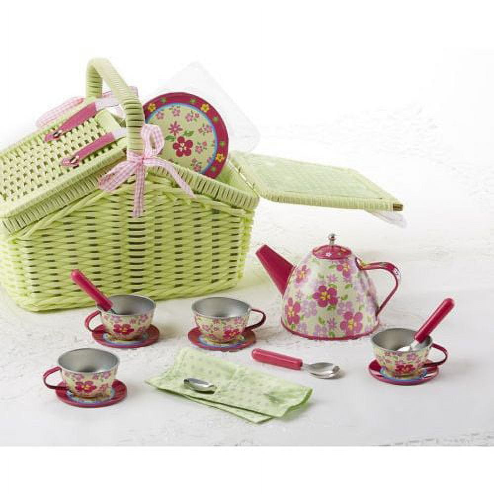 Delton Tin 18pc Tea Set in Basket, Sorrel