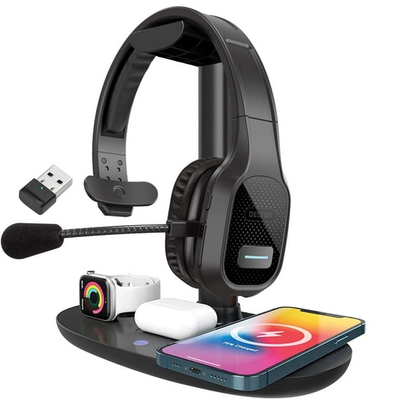 Delton Wireless Computer Headset And Qi Charging Stand, 2.4G USB Bluetooth Headphones with Microphone for PC, Laptop & 20W Charging Stand for Smartphones, Earbuds, and Smartwatches