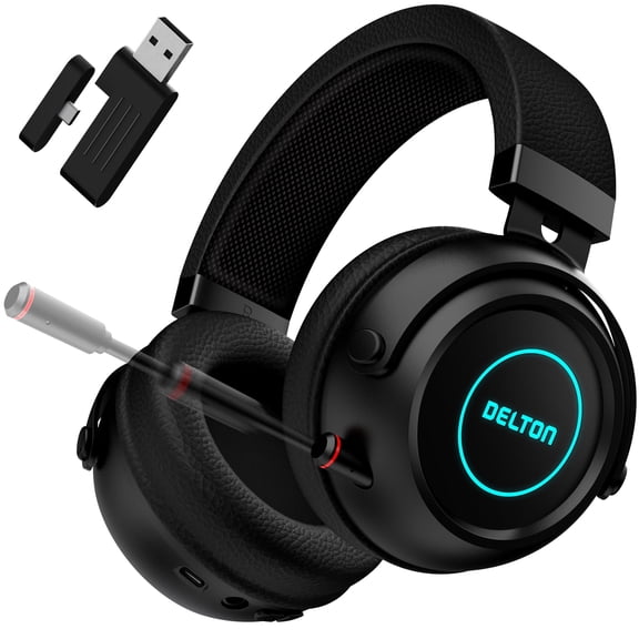 Delton G520 Wireless Gaming Headset with Retractable CVC Mic, Auto Pair USB Dongle, 35hrs Talk Time, Fast Charging Gaming Headphones with Cool RGB Light for PC/Laptops, Tablets, Smartphones - Black
