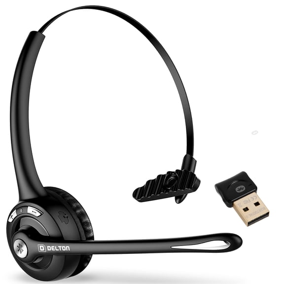 Delton 10X Bluetooth Computer Headset, On-Ear Single Ear Wireless Headset with Noise Canceling Mic, USB Dongle for Computer/Laptop, Perfect for Home, Office, Call Center - Black