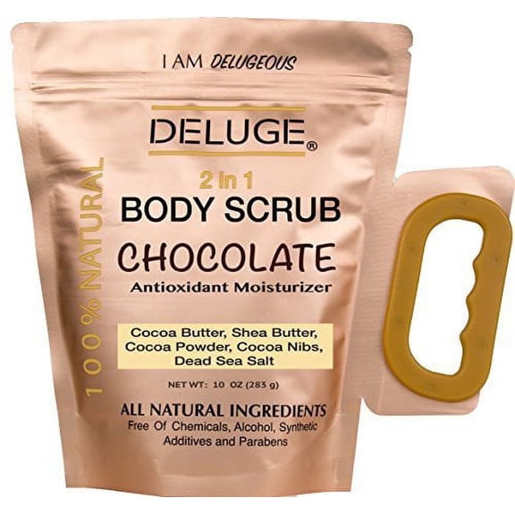 Deluge Chocolate Body Scrub with Shea Butter, Cocoa Butter, Cacao Nibs, and Dead Sea Salt Deep Exfoliant & Antioxidant Moisturizing Formula (10 oz)