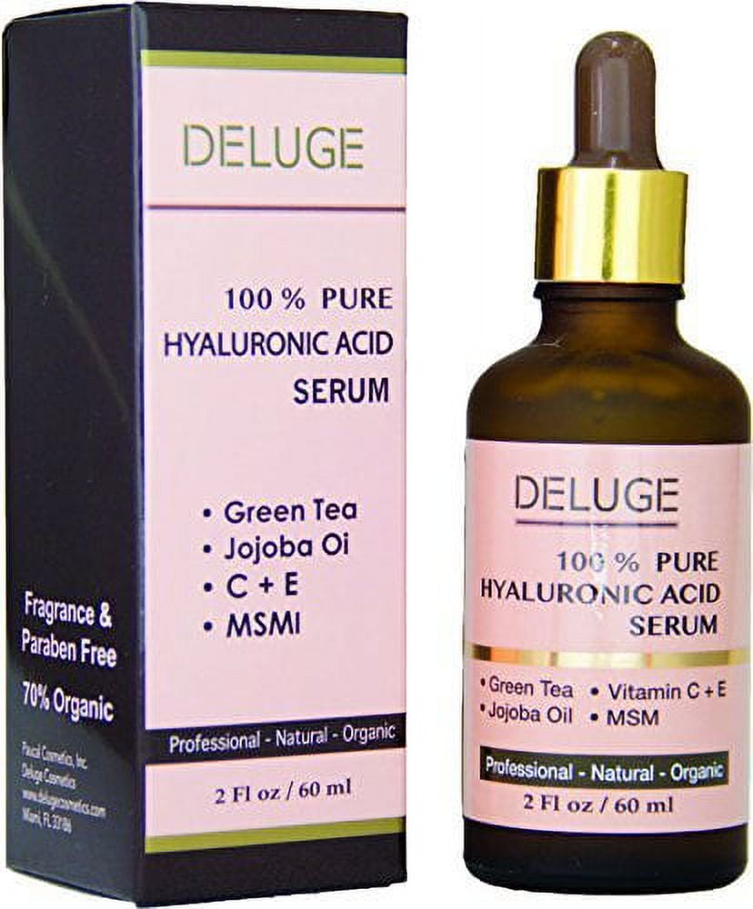 Deluge Hyaluronic Face Serum with Vit C, E, Green Tea, Jojoba Oil & MSM - Deep Hydration & Anti-Aging Formula (2 FL oz)