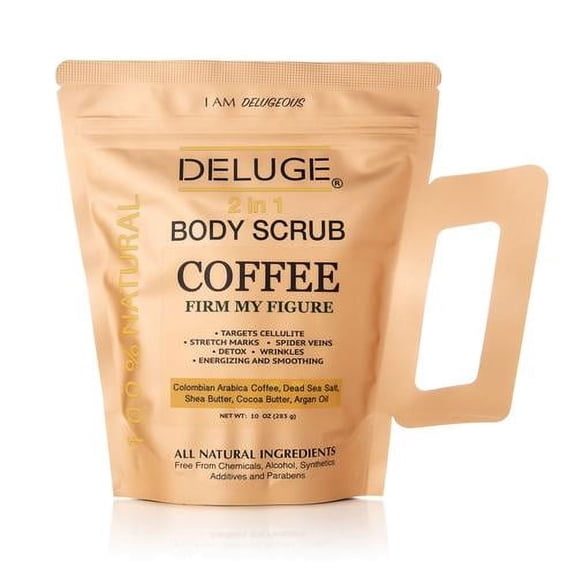 Deluge Organic Coffee Scrub with Shea Butter, Dead Sea Salt, Coconut Oil & Argan Oil – 2-in-1 Exfoliating & Moisturizing  Body Scrub for Cellulite & Stretch Mark Treatment (10 oz)