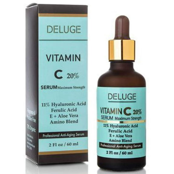 Deluge Vitamin C Face Serum with Aloe, Hyaluronic Acid, Vitamin E, & Ferulic Acid Brightening & Collagen Boosting Formula (2 FL oz)