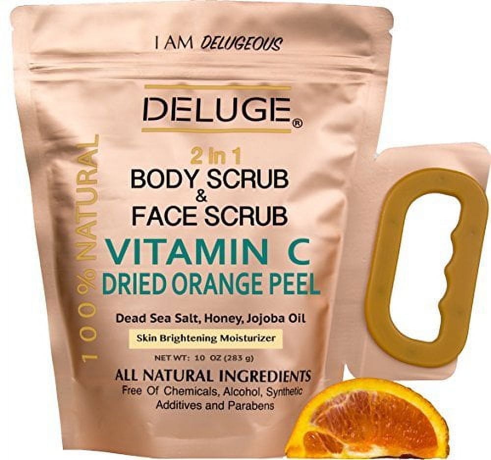 Deluge Vitamin C Scrub with Dried Orange Peel, Dead Sea Salt, Shea Butter, Jojoba Oil, and Honey – Brightening & Anti-Aging Body & Facial Scrub (10 oz)