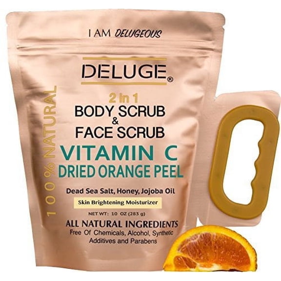 Deluge Vitamin C Scrub with Dried Orange Peel, Dead Sea Salt, Shea Butter, Jojoba Oil, and Honey Brightening & Anti-Aging Body & Facial Scrub (10 oz)