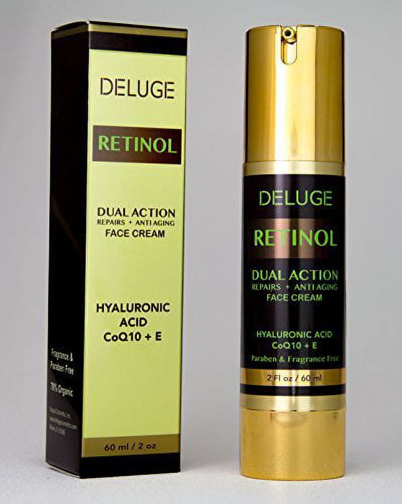 Deluge’s Retinol Dual Action Face Cream with Hyaluronic Acid, CoQ10 & Vit E – Hydrating, Repairing & Anti Aging Formula (2 FL oz)