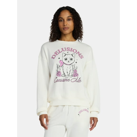 Delusions Consume Me Women's Cat Graphic Sweatshirt with Long Sleeves, Sizes XXS-XXL