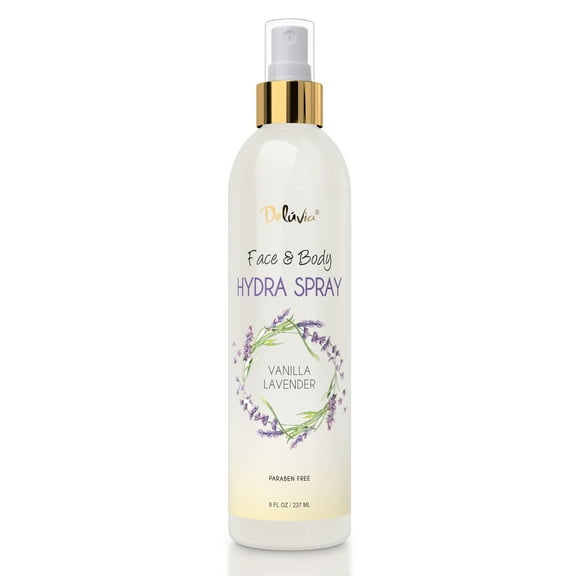 Deluvia - Hydra Spray, Moisturizing Body Spray and Face Mist with Essential Oils, Organic Aloe Vera, Dead Sea Salts, Provitamin A, Vitamin C. Alcohol Free, Paraben Free. (Vanilla Lavender Bean)