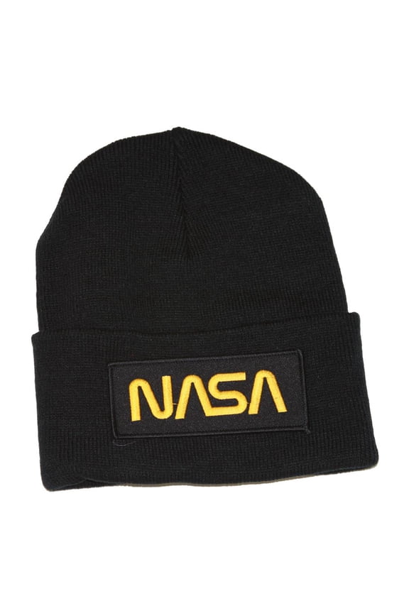 Delux 3D Patch Embroidery Black Cuff Beanie, Space NASA Gold Logo