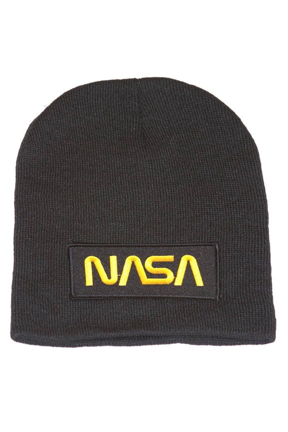Delux 3D Patch Embroidery Black Short Beanie, Space NASA Gold Logo