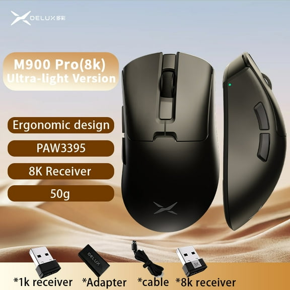 Delux M900PRO Ultra-light Version Wireless Gaming Mouse Ergonomic 1K/8K Polling Rate 50g PAW3395 for Right Big Hand PC Gamer