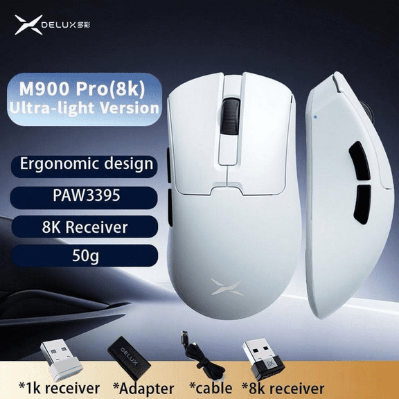 Delux M900PRO Ultra-light Version Wireless Gaming Mouse Ergonomic 1K/8K Polling Rate 50g PAW3395 for Right Big Hand PC Gamer