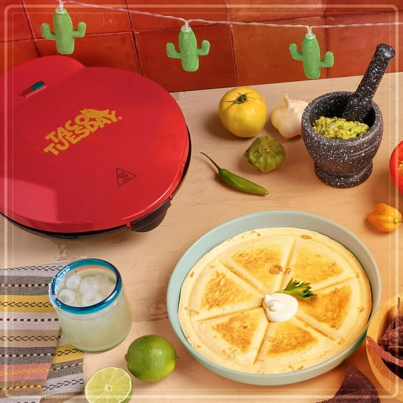 Deluxe 10-inch 6-Wedge Electric Quesadilla Maker with Extra Stuffing Latch, Red