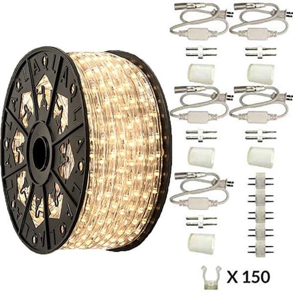Deluxe 150ft Reel - Warm White LED Rope Light Kit - 120V Standard IP65 Waterproof Standard