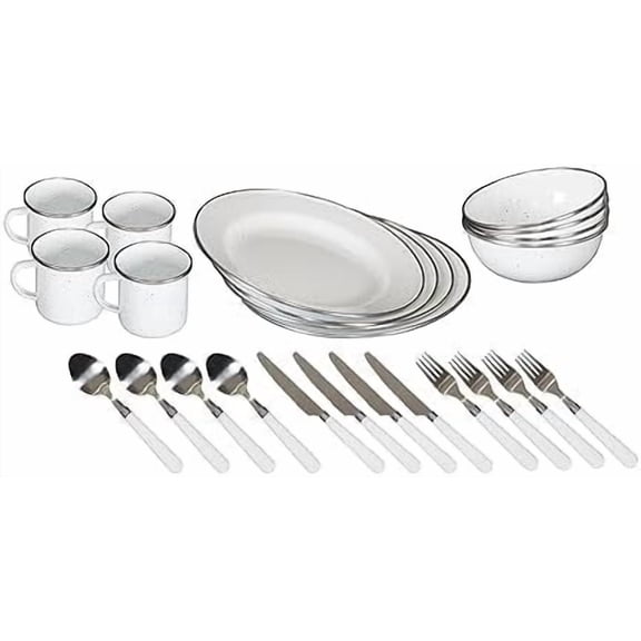 Deluxe 24-Piece Enamel Tableware Set - Enamel Plates and Bowls Lightweight and Durable Camp Dish Set for Camping and Backpacking Plates and Bowls for 4 People White