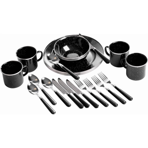 Deluxe 24-Piece Enamel Tableware Set - Enamel Plates and Bowls Lightweight and Durable Camp Dish Set for Camping and Backpacking Plates and Bowls for 4 People