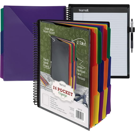 WarmHaven Deluxe 24 Pocket Spiral Project Organizer with Refillable Notepad Holder, Customizable Front Cover, 12 Dividers with Erasable Write-On Tabs in Assorted Colors, Plastic Folders with Pockets