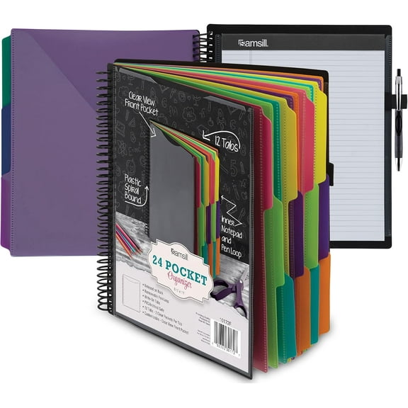 WarmHaven Deluxe 24 Pocket Spiral Project Organizer with Refillable Notepad Holder, Customizable Front Cover, 12 Dividers with Erasable Write-On Tabs in Fashion Colors, Plastic Folders with Pockets