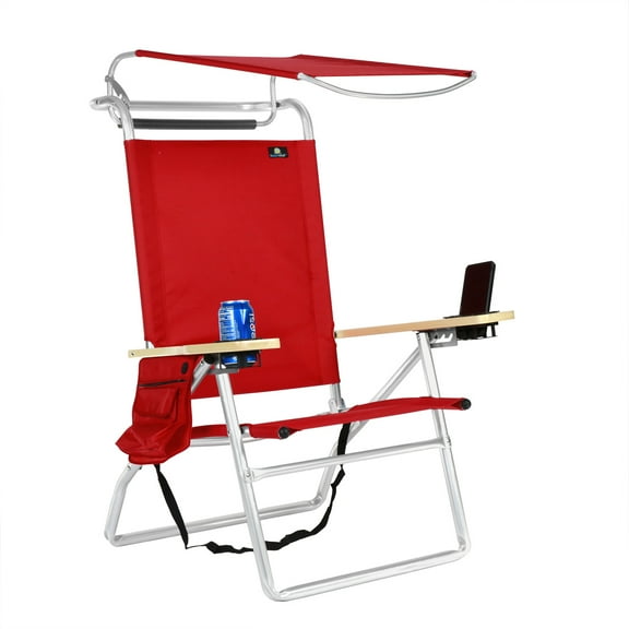 Deluxe 4 Reclining Positions Lightweight High Aluminum Beach Chair with Canopy Shade for Adults, Drink Holder, Storage Pouch