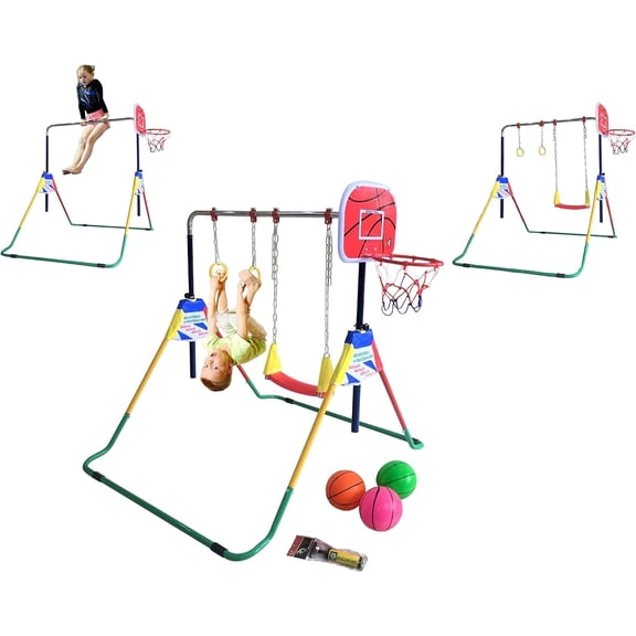 Deluxe 4-in-1 Kids Jungle Playground Set - Climbing, Swing, Bars, Basketball - Ultimate Fun