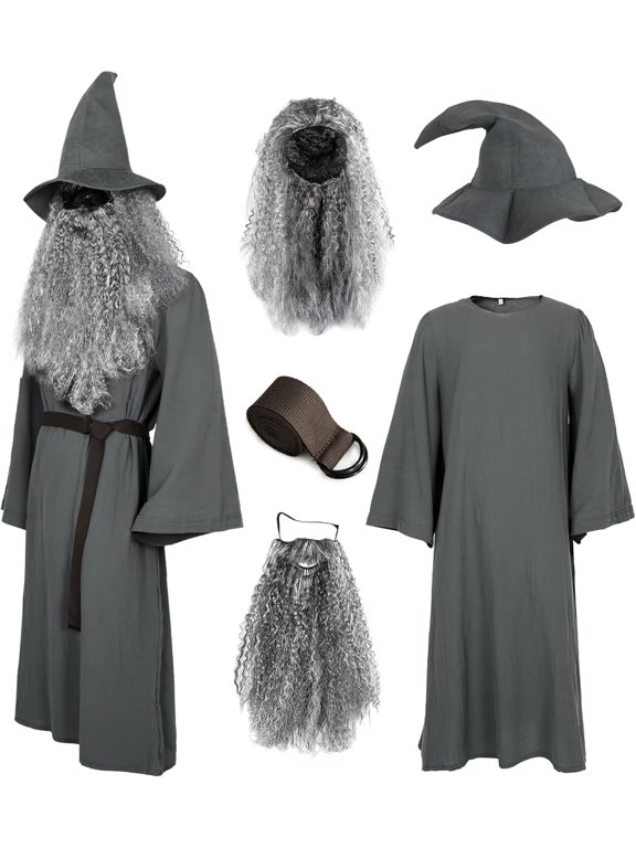 Deluxe 5 Pcs Wizard Costume for Adults Grey Wizard Robe with Wizards Hat, Belt, Wig & Beard Halloween Costumes For Men
