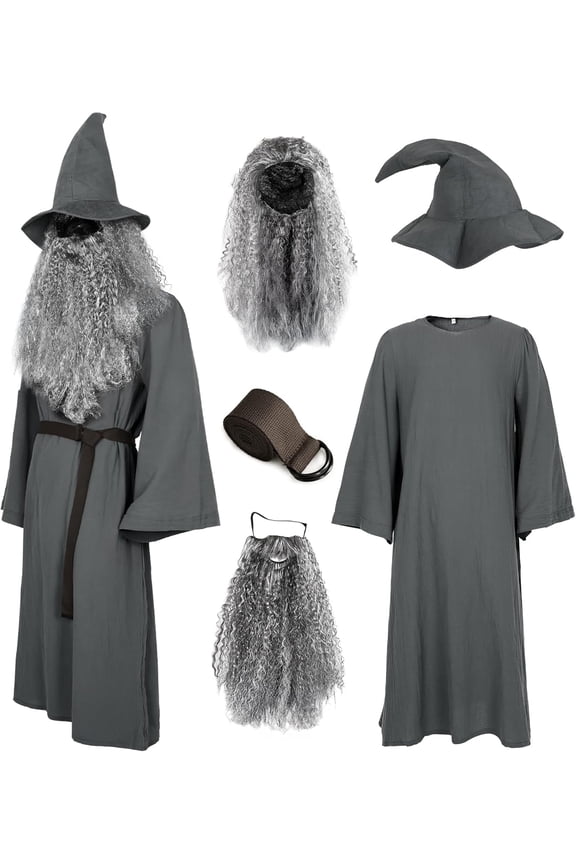 Deluxe 5 Pcs Wizard Costume for Adults Grey Wizard Robe with Wizards Hat, Belt, Wig & Beard Halloween Costumes For Men