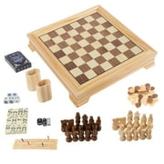 Deluxe 7-in-1 Classic Board Games Set With Chess Board, Backgammon, Dominos, Checkers, Dice Set, Cribbage Board, and Card Games