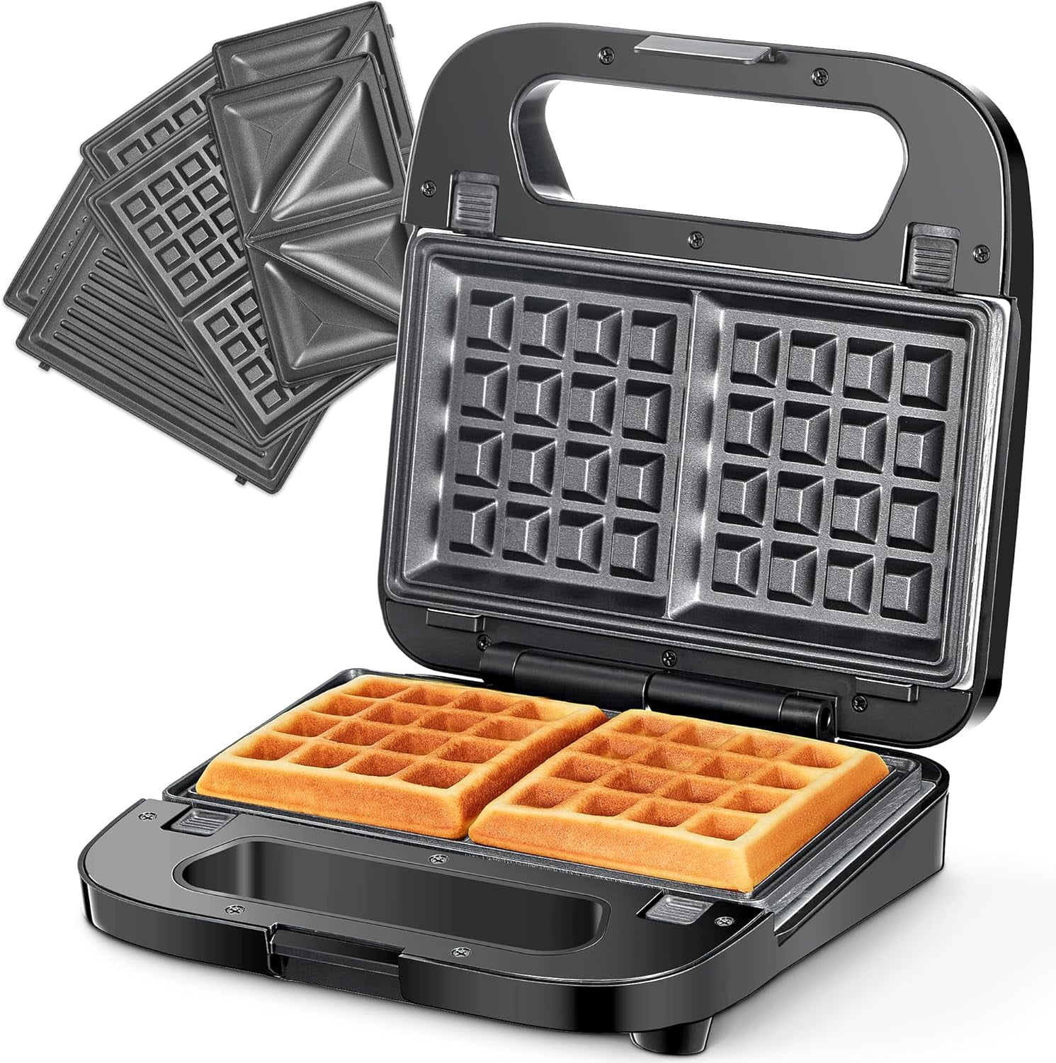 Deluxe 750W 3-in-1 Countertop Grill - Waffle Maker, Panini Press \u0026 Sandwich Maker with Nonstick Removable Plates - LED Indicator Lights