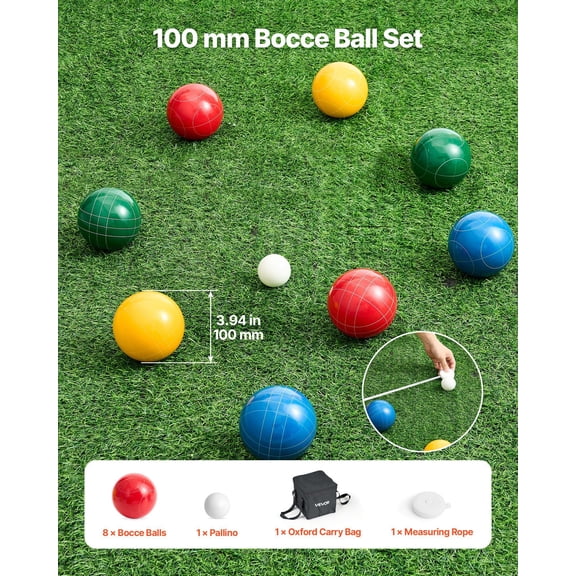 Deluxe 8-Player Bocce Ball Set with 100mm Balls, Pallino, Measuring Tool & Portable Bag - Multi-Color Outdoor Game
