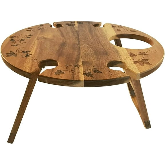 Deluxe Acacia Wood Wine Picnic Table  16" Portable Boho Table with Bottle Holder & 4 Glass Slots