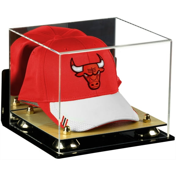 Deluxe Acrylic Basketball Hat or Cap Display Case with Mirror, Wall Mount, Gold Risers and Wood Base (A006-GR)
