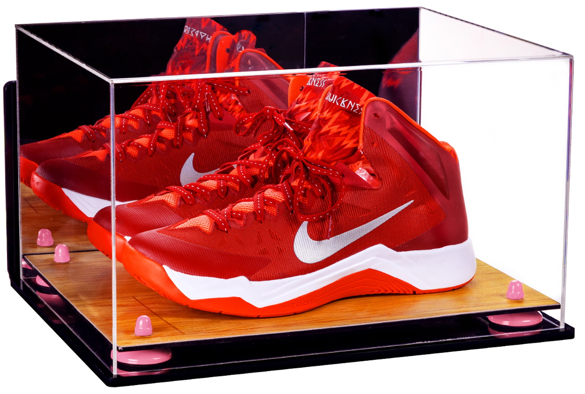 Deluxe Acrylic Basketball Shoe Pair Display Case with Mirror, Wall Mount, Pink Risers and Wood Base (A082-PNR)
