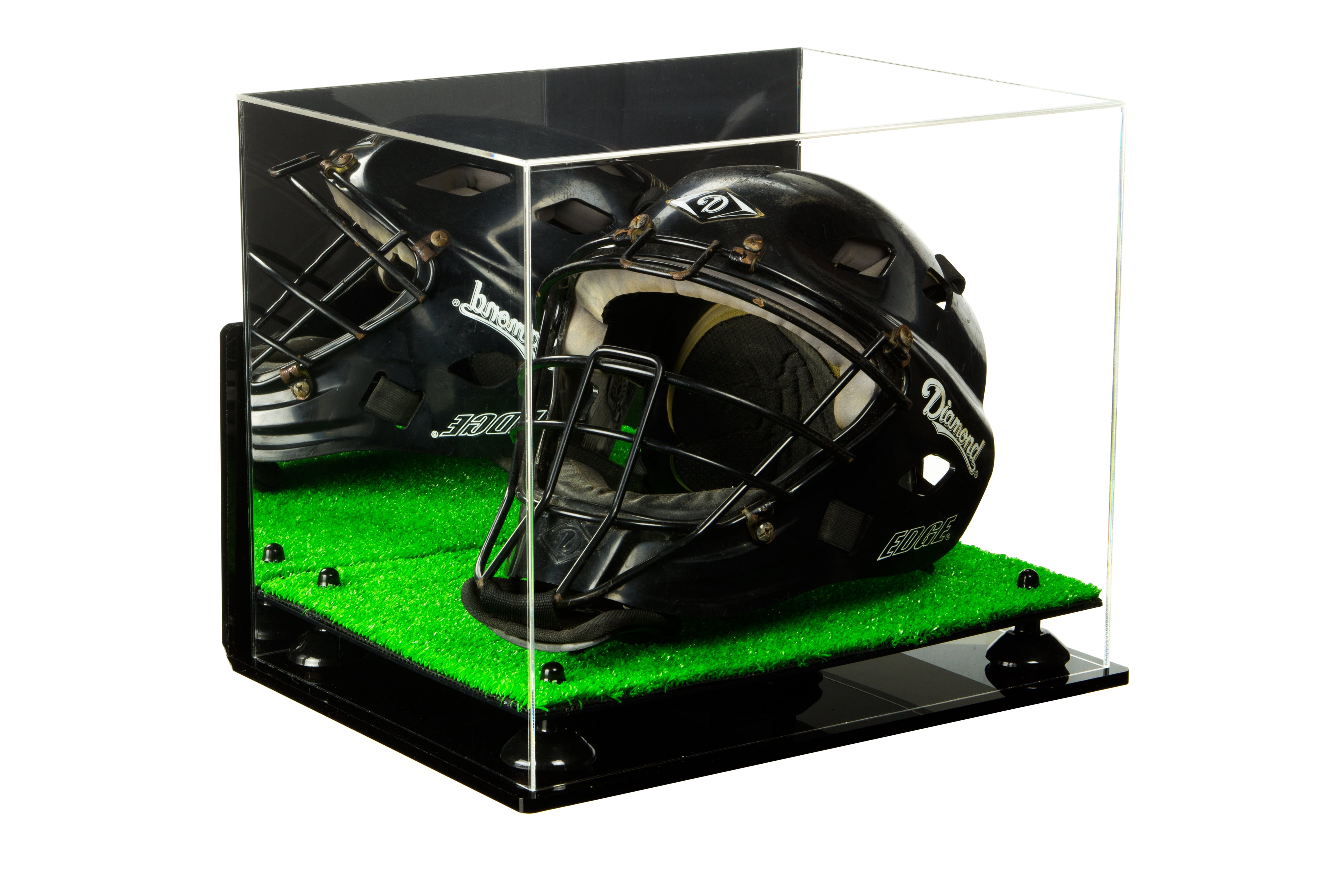 Deluxe Acrylic Catchers Helmet Display Case with Black Risers, Mirror, Turf Base and Wall Mount (A002-BR)