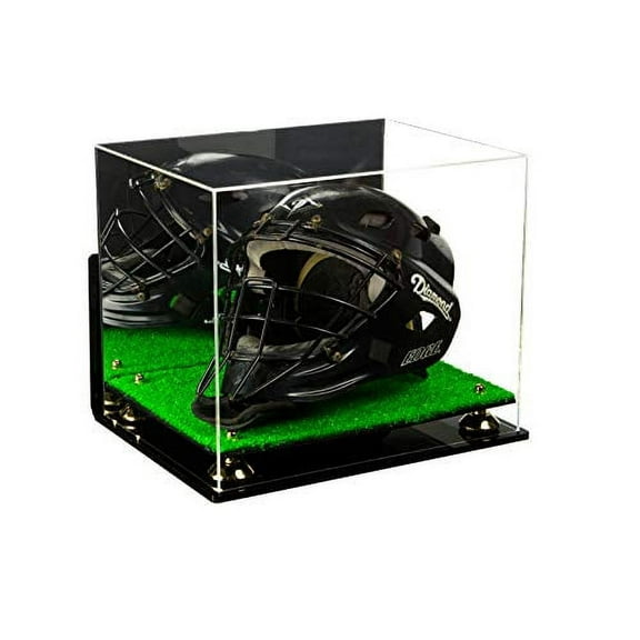Deluxe Acrylic Catchers Helmet Display Case with Gold Risers, Mirror, Turf Base and Wall Mount (A002-GR)