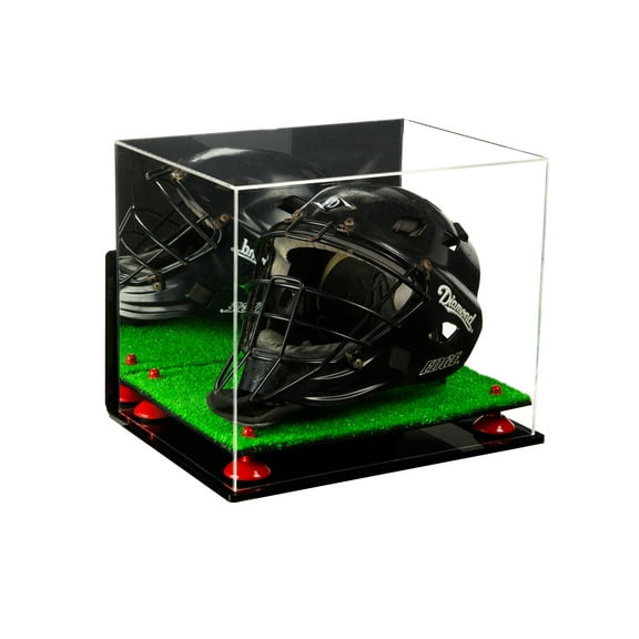 Deluxe Acrylic Catchers Helmet Display Case with Red Risers, Mirror, Turf Base and Wall Mount (A002-RR)
