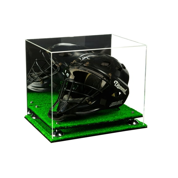 Deluxe Acrylic Catchers Helmet Display Case with Silver Risers, Mirror and Turf Base (A002-SR)