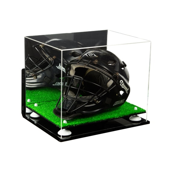 Deluxe Acrylic Catchers Helmet Display Case with White Risers, Mirror, Turf Base and Wall Mount (A002-WR)