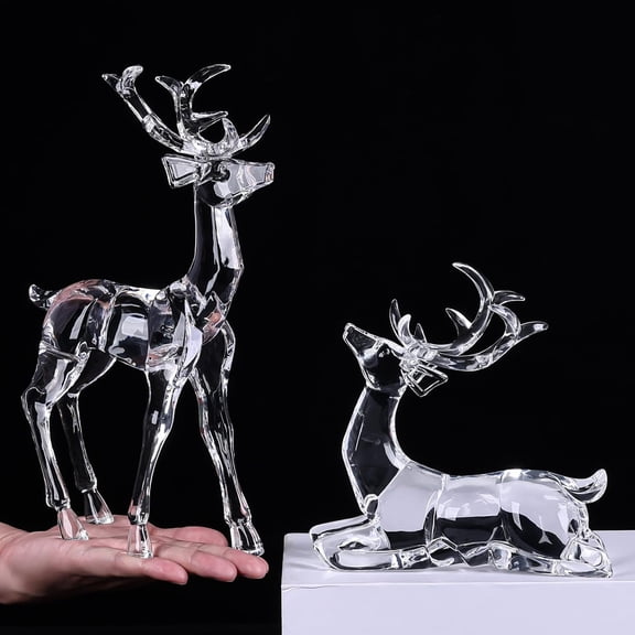Deluxe Acrylic Christmas Deer Figurines Set of 2, White Clear Reindeer Figurines, Deer Statue and Sculpture for Holiday Reindeer Christmas Indoor Decoration Table Top High End Clear Crystal Finish