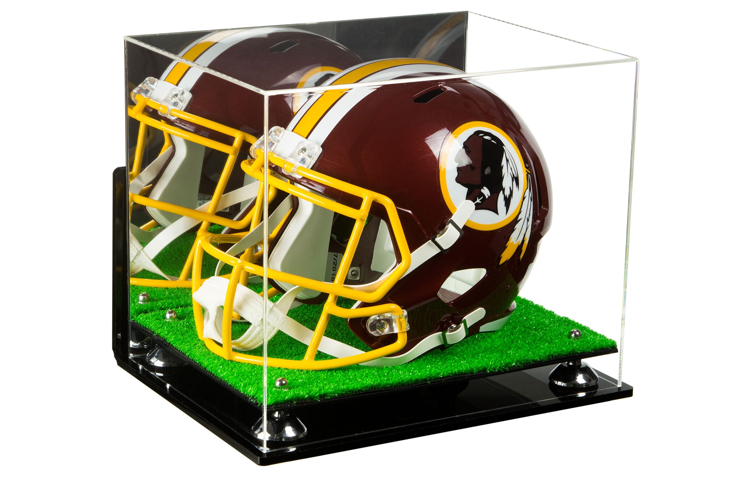 Deluxe Acrylic Football Helmet Display Case with Silver Risers, Mirror, Turf Base and Wall Mount
