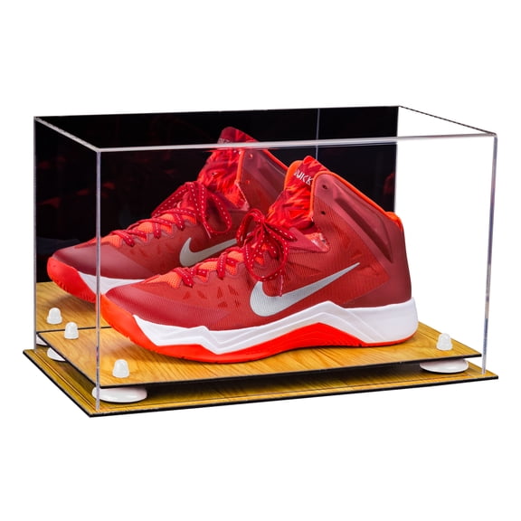 Deluxe Acrylic Large Shoe Display Case for Basketball Shoe Soccer Cleat Football Cleat with Mirror, White Risers and Wood Base (A013-WR)