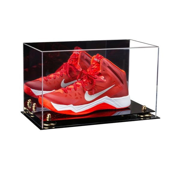 Deluxe Acrylic Large Shoe Display Case for Basketball Shoes Soccer Cleats Football Cleats with Gold Risers and Mirror (A013-GR)
