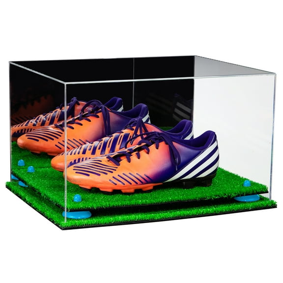 Deluxe Acrylic Large Shoe Pair Display Case for Basketball Shoes Soccer Cleats Football Cleats with Mirror, Blue Risers and Turf Base (A082-BLR)