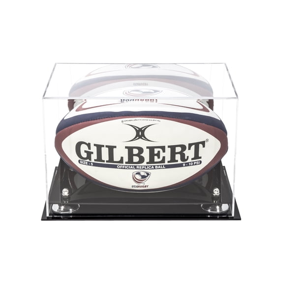 Deluxe Acrylic Rugby Ball Display Case with Silver Risers and Mirror (A004-SR)